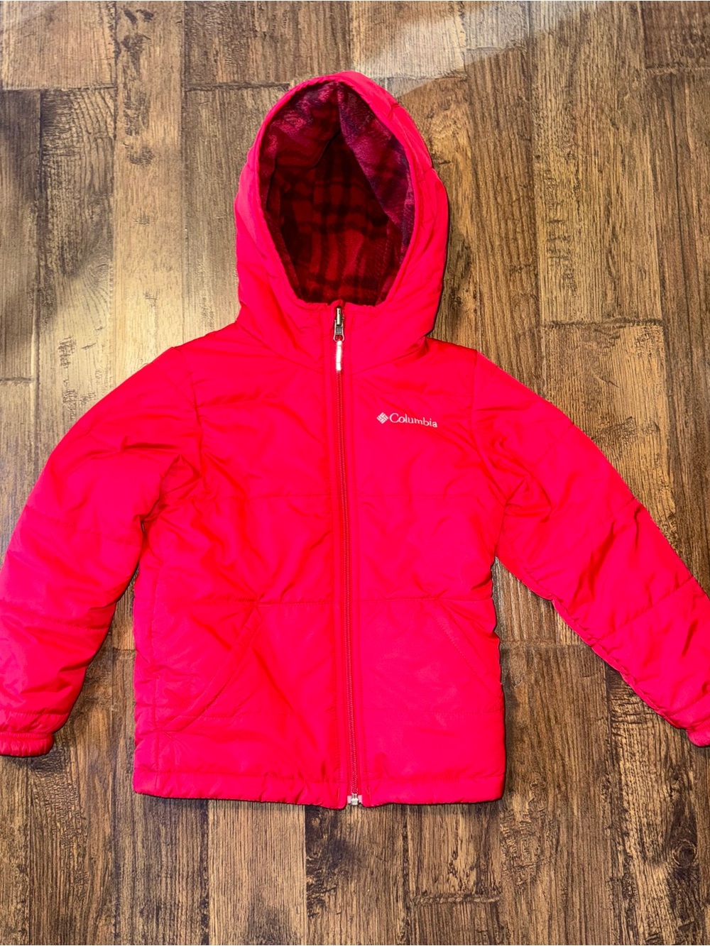 Columbia Kids Red And Plaid Reversible Quilted Hooded Coat.